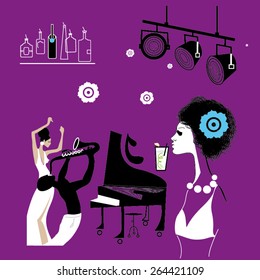 Vector Jazz Bar set of a jazz musician, piano, beautiful lady, dancing girl, stage lights, cocktail, bottles of alcohol and ornamental flowers on a purple background. Could be used for a beach party.