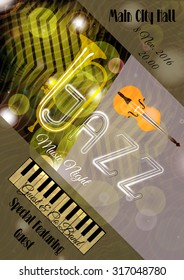 Vector jazz or blues music poster template. Abstract background for card, flyer, leaflet, brochure, banner, web design.