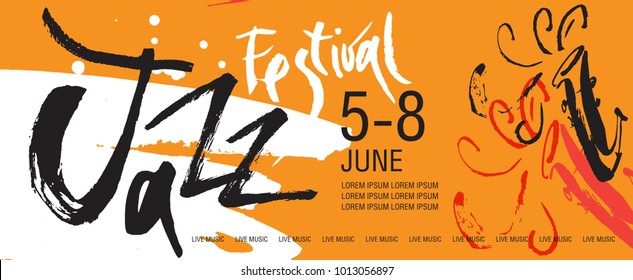 Vector Jazz festival  leaflet, ticket or invitation template. Hand drawn illustration and lettering. Calligraphic style. Perfect for music events, jazz concerts, music store. 