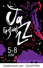 Plantilla de afiche del festival de jazz vector. Dibujo a mano y letras. Estilo caligráfico. Perfecto para eventos musicales, conciertos de jazz, tienda de música. 