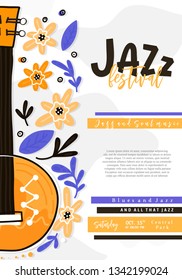 Vector Jazz festival poster template. Banjo, lettering and floral decoration isolated on white and text. Perfect for music events, jazz concerts.