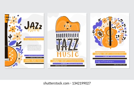 Vector Jazz festival poster template. Banjo, double bass, piano and floral decoration isolated on white with text. Perfect for music events, jazz concerts.