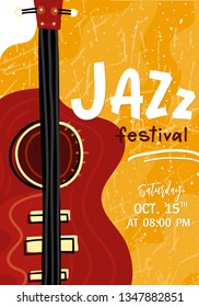 Vector Jazz festival poster template. Double bass or guitar on yellow grange background with text. Perfect for music events, jazz concerts.