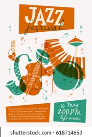 Plantilla de afiche del festival de Jazz de vectores. Saxofón, bajo doble, piano, trompeta, tambor de bajo y tambor de ronco. Perfecto para eventos musicales, conciertos de jazz. 