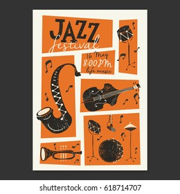 Vector Jazz festival poster template. Saxophone, double bass, piano, trumpet, bass drum and snare drum. Perfect for music events, jazz concerts. 