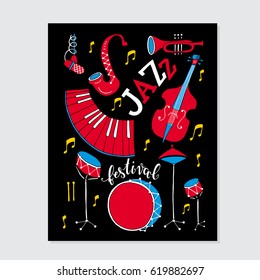 Vector Jazz festival poster template. Saxophone, double bass, piano, trumpet, bass drum and snare drum. Perfect for music events, jazz concerts. 