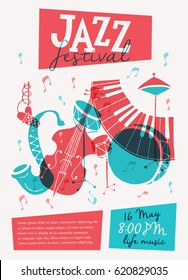 Vector Jazz festival poster template. Saxophone, double bass, piano, trumpet, bass drum and snare drum. Perfect for music events, jazz concerts. 