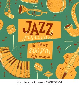 Vector Jazz festival poster template. Saxophone, double bass, piano, trumpet, bass drum and snare drum. Perfect for music events, jazz concerts. 