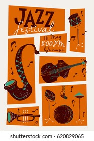 Vector Jazz festival poster template. Saxophone, double bass, piano, trumpet, bass drum and snare drum. Perfect for music events, jazz concerts. 