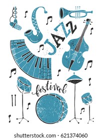 Vector Jazz festival poster template. Saxophone, double bass, piano, trumpet, bass drum and snare drum. Perfect for music events, jazz concerts. 