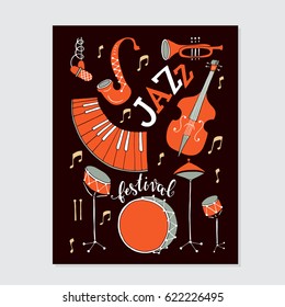 Vector Jazz festival poster template. Saxophone, double bass, piano, trumpet, bass drum and snare drum. Perfect for music events, jazz concerts. 