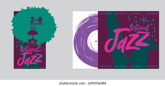 Vector jazz festival ticket template and records. Hand-drawn illustrations and inscriptions. Calligraphic style. Perfect for music events, jazz concerts, music store.