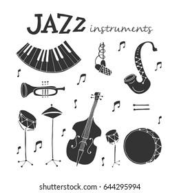 Vector Jazz instruments icons isolated on white background. Saxophone, double bass, piano, trumpet, bass drum and snare drum. Perfect for music events poster, jazz concerts.