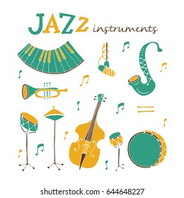 Vector Jazz instruments icons isolated on white background. Saxophone, double bass, piano, trumpet, bass drum and snare drum. Perfect for music events poster, jazz concerts.