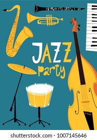 Vector jazz party poster or invitation. With jazz musical instruments. Vintage style card. 