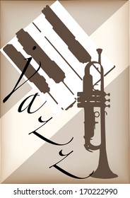 Vector jazz poster with cut off piano and trumpet on a mellow background