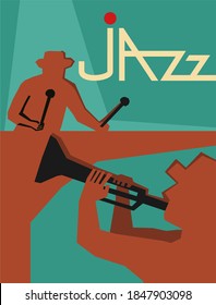 afiche vectorial Jazz con texto escrito a mano, jugadores. para afiches, camisetas u otras impresiones del festival de jazz