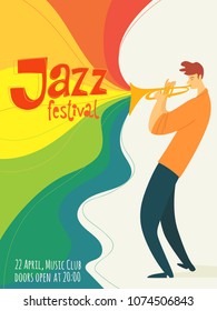 Vector jazz poster with musicion playing trumpet. Cool jazz card. 