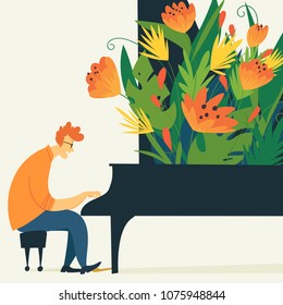Vector jazz poster with musicion playing piano. Jazz illustration.