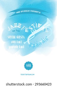 Vector jazz, rock or blues music poster template. Blue watercolor stain isolated on the white background. Abstract background for the card, brochure, banner, web design.