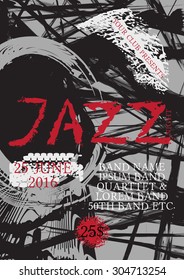 Vector jazz, rock or blues music poster template. Hand painted stains and word "jazz". Abstract background for card, flyer, leaflet, brochure, banner, web design.