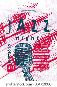 Vector jazz, rock or blues music poster template. Hand painted stains and microphone. Abstract background for card, flyer, leaflet, brochure, banner, web design.
