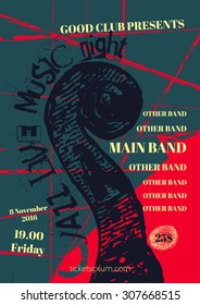 Vector jazz, rock or blues music poster template. Hand painted stains. Abstract background for card, flyer, leaflet, brochure, banner, web design.
