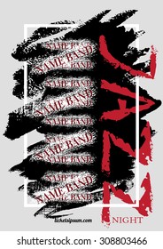 Vector jazz, rock or blues music poster template. Hand painted stain and word "jazz". Abstract background for card, flyer, leaflet, brochure, banner, web design.
