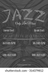 Vector jazz, rock or blues music poster template. Hand painted stains and word "jazz". Abstract background for card, flyer, leaflet, brochure, banner, web design.