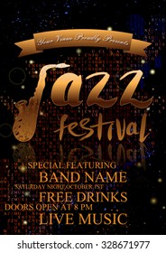 Vector jazz, rock or blues music poster template. Hand drawn ink stains, sax and words "jazz festival". Abstract characters halftone background for card, flyer, leaflet, brochure, banner, web design.
