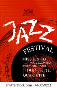 Vector jazz, rock or blues music poster template. Hand painted stains and word "jazz". Abstract background for card, flyer, leaflet, brochure, banner, web design.