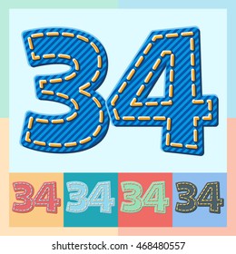 Vector jeans alphabet. Optional colorful graphic styles. Numbers 3 4