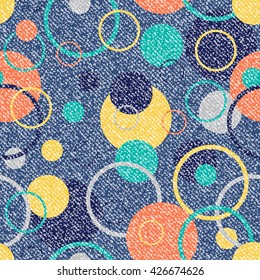 Vector Jeans background with circles. Denim seamless pattern. Blue jeans cloth with colored circles.