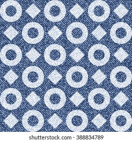 Vector Jeans background with circles and squares. Denim seamless pattern. Blue jeans cloth.