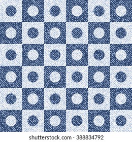 Vector Jeans background with circles and squares. Denim seamless pattern. Blue jeans cloth.
