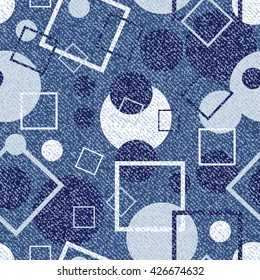Vector Jeans background with circles and squares. Denim seamless pattern. Blue jeans cloth.