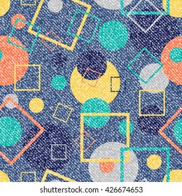 Vector Jeans background with circles and squares. Denim seamless pattern. Blue jeans cloth with colored circles and squares.