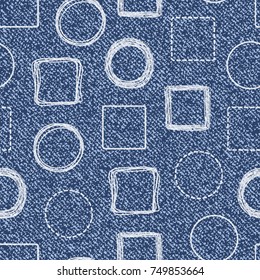 Vector Jeans background with Doodle circles and squares. Denim seamless pattern. Blue jeans cloth
