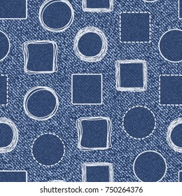 Vector Jeans background with Doodle circles and squares. Denim seamless pattern. Blue jeans cloth