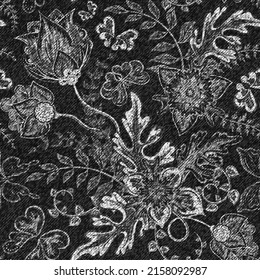 Vector Jeans fondo con flores. Denim patrón impecable. tela de jeans negros. Fondo floral rayado.