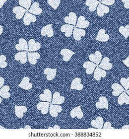 Vector Jeans background with flowers. Denim seamless pattern. Blue jeans fabric. Floral grunge background.