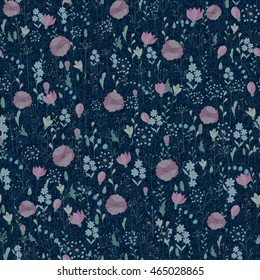 Vector Jeans background with flowers. Denim seamless pattern. Blue jeans fabric. Floral grunge background.