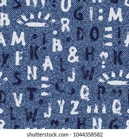 Vector Jeans background with Grunge Alphabet. Handwritten Letters and punctuation Paint Brush Strokes. Back to school. ABC Denim seamless pattern. Blue jeans cloth