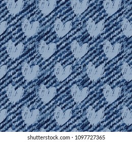 Vector Jeans background with hearts. Abstract geometric Denim seamless pattern for T-shirts, textiles, clothes, sports, and more . Blue jeans cloth.