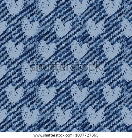 Vector Jeans background with hearts. Abstract geometric Denim seamless pattern for T-shirts, textiles, clothes, sports, and more . Blue jeans cloth.