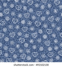 Vector Jeans background with hearts and flowers. Denim seamless pattern. Blue jeans cloth. Valentine background