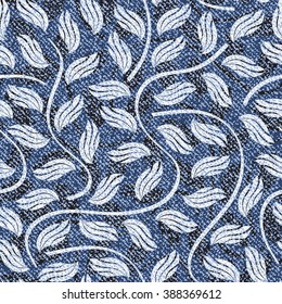 Vector Jeans background with leaves. Denim seamless pattern. Blue jeans cloth.