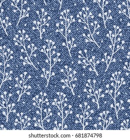 Vector Jeans background with leaves. Denim seamless pattern. Blue jeans cloth