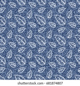 Vector Jeans background with leaves. Denim seamless pattern. Blue jeans cloth