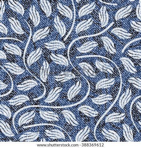 Vector Jeans background with leaves. Denim seamless pattern. Blue jeans cloth.